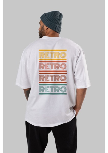 Retro Yazılı Arka Baskılı Beyaz Oversize T-Shirt Erkek Kadın Bisiklet Yaka indirimleri