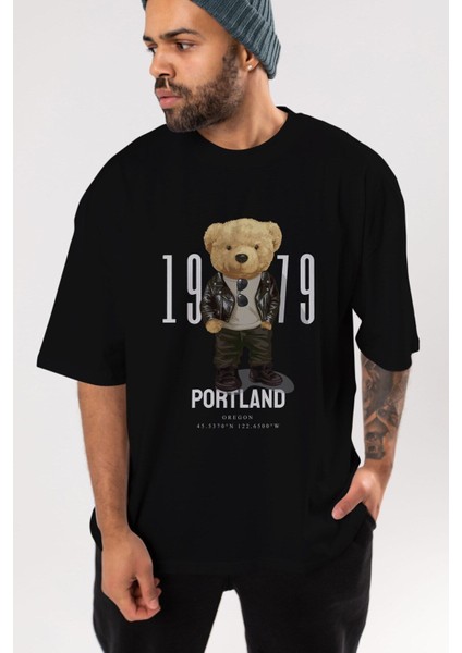 Teddy Bear Portland Ön Baskılı Siyah Oversize T-Shirt Erkek Kadın Bisiklet Yaka