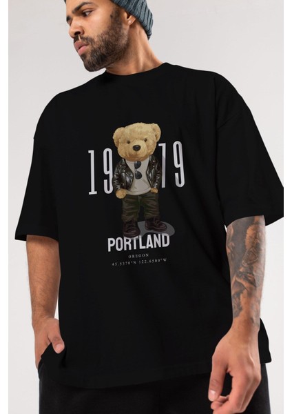 Teddy Bear Portland Ön Baskılı Siyah Oversize T-Shirt Erkek Kadın Bisiklet Yaka fırsatları