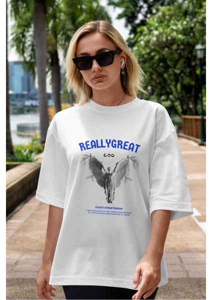 Reallygreat Angel Ön Baskılı Beyaz Oversize T-Shirt Erkek Kadın Bisiklet Yaka indirimleri