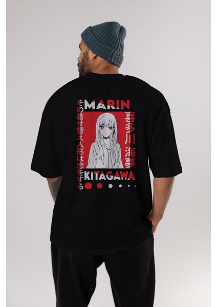 Marın Kıtagawa Anime Arka Baskılı Siyah Oversize T-Shirt Erkek Kadın modelleri