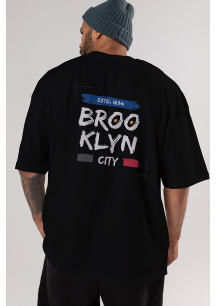 Brooklyn City Yazılı Arka Baskılı Siyah Oversize T-Shirt Erkek Kadın Bisiklet Yaka