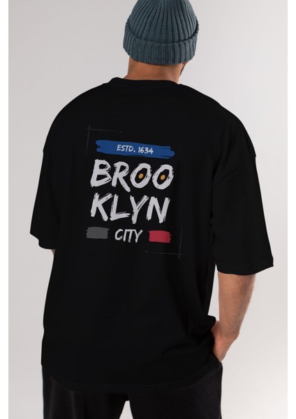 Brooklyn City Yazılı Arka Baskılı Siyah Oversize T-Shirt Erkek Kadın Bisiklet Yaka fırsatları