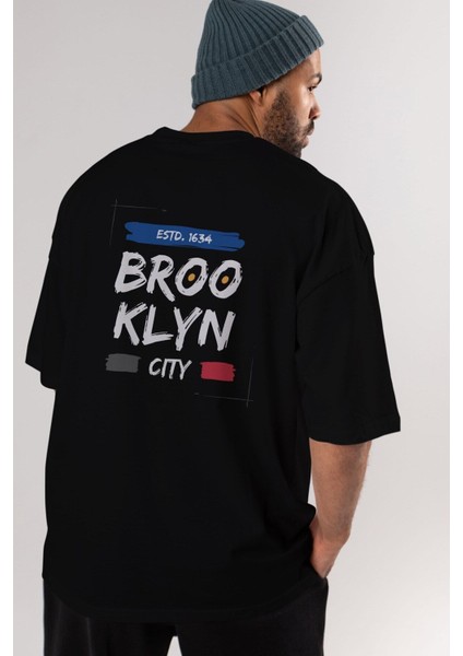 Brooklyn City Yazılı Arka Baskılı Siyah Oversize T-Shirt Erkek Kadın Bisiklet Yaka indirimleri