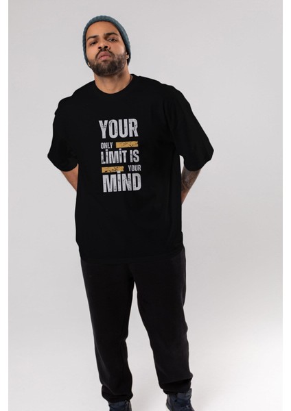 Your Limit Is Yazılı Ön Baskılı Siyah Oversize T-Shirt Erkek Kadın Bisiklet Yaka modelleri