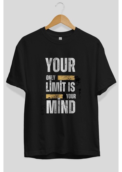 Your Limit Is Yazılı Ön Baskılı Siyah Oversize T-Shirt Erkek Kadın Bisiklet Yaka fırsatları