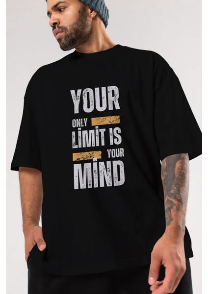 Your Limit Is Yazılı Ön Baskılı Siyah Oversize T-Shirt Erkek Kadın Bisiklet Yaka indirimleri
