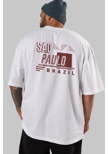 Sao Paulo Arka Baskılı Beyaz Oversize T-Shirt Erkek Kadın Bisiklet Yaka
