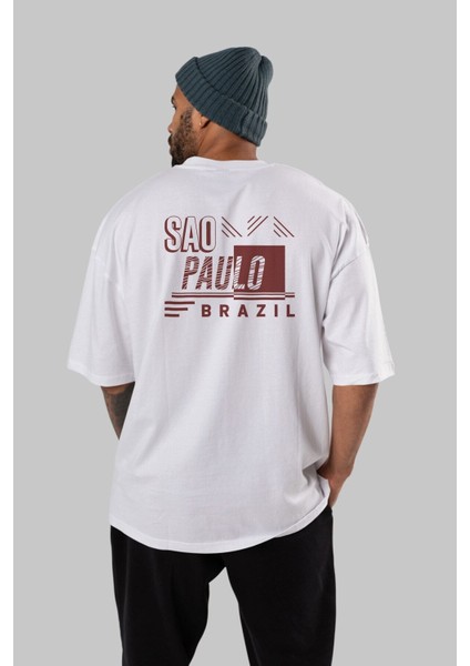 Sao Paulo Arka Baskılı Beyaz Oversize T-Shirt Erkek Kadın Bisiklet Yaka fiyatları