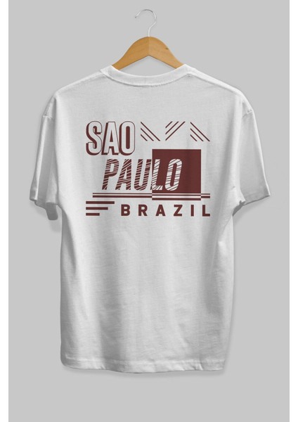 Sao Paulo Arka Baskılı Beyaz Oversize T-Shirt Erkek Kadın Bisiklet Yaka modelleri