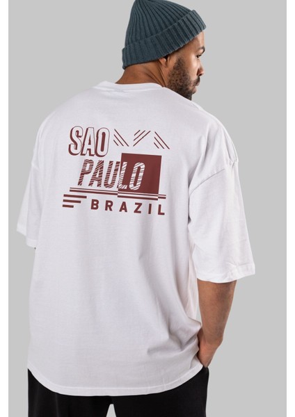 Sao Paulo Arka Baskılı Beyaz Oversize T-Shirt Erkek Kadın Bisiklet Yaka fırsatları