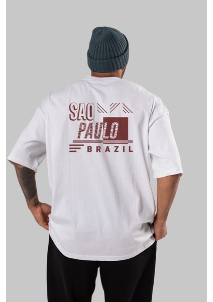 Sao Paulo Arka Baskılı Beyaz Oversize T-Shirt Erkek Kadın Bisiklet Yaka indirimleri