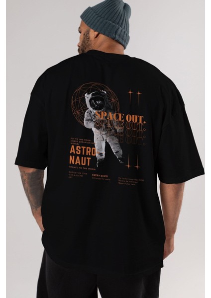 Astronaut Space Out Arka Baskılı Siyah Oversize T-Shirt Erkek Kadın Bisiklet Yaka fiyatları