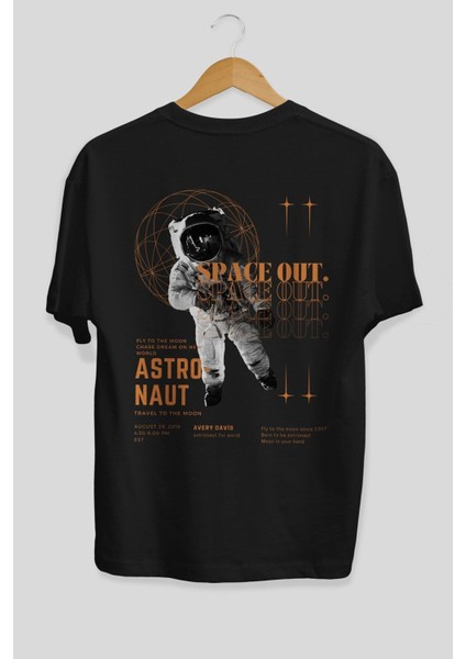 Astronaut Space Out Arka Baskılı Siyah Oversize T-Shirt Erkek Kadın Bisiklet Yaka modelleri
