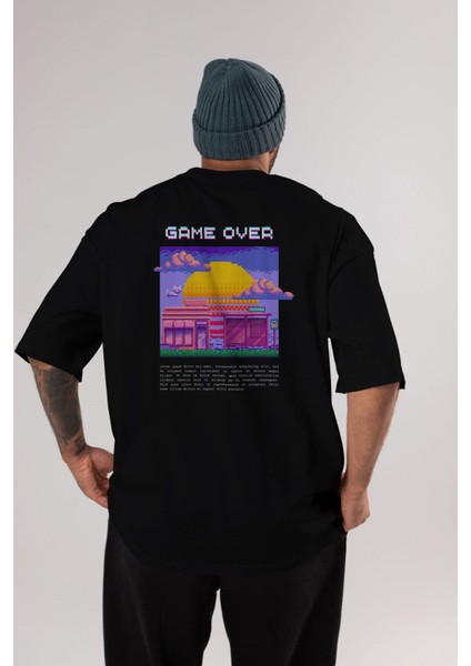 Game Over Yazılı Arka Baskılı Siyah Oversize T-Shirt Erkek Kadın Bisiklet Yaka