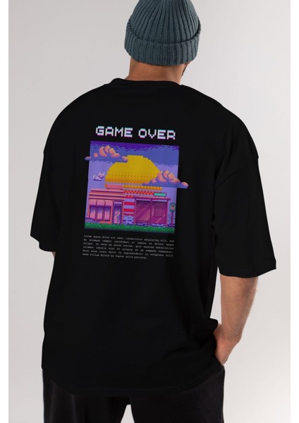 Game Over Yazılı Arka Baskılı Siyah Oversize T-Shirt Erkek Kadın Bisiklet Yaka fiyatları