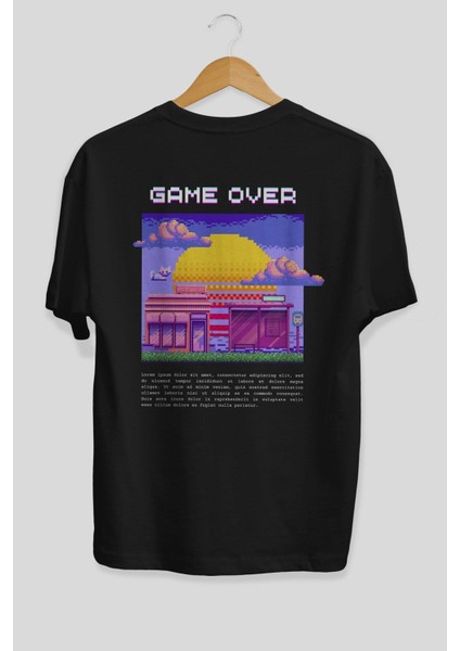 Game Over Yazılı Arka Baskılı Siyah Oversize T-Shirt Erkek Kadın Bisiklet Yaka modelleri
