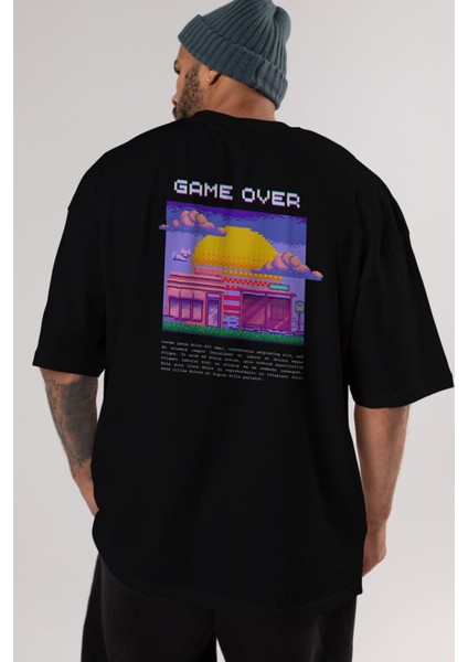 Game Over Yazılı Arka Baskılı Siyah Oversize T-Shirt Erkek Kadın Bisiklet Yaka fırsatları