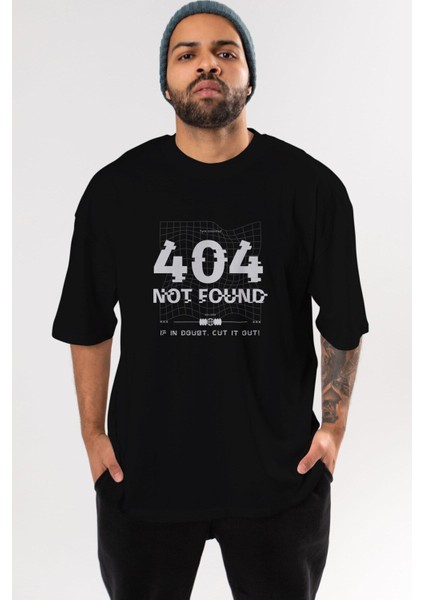 404 Not Found Ön Baskılı Siyah Oversize T-Shirt Erkek Kadın Bisiklet Yaka