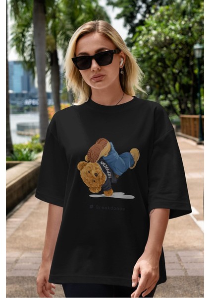 Teddy Bear Breakdance Ön Baskılı Siyah Oversize T-Shirt Erkek Kadın Bisiklet Yaka