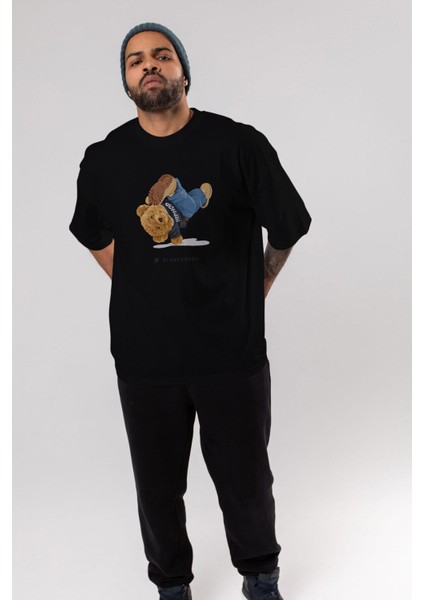 Teddy Bear Breakdance Ön Baskılı Siyah Oversize T-Shirt Erkek Kadın Bisiklet Yaka fiyatları