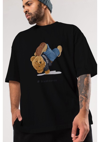 Teddy Bear Breakdance Ön Baskılı Siyah Oversize T-Shirt Erkek Kadın Bisiklet Yaka fırsatları
