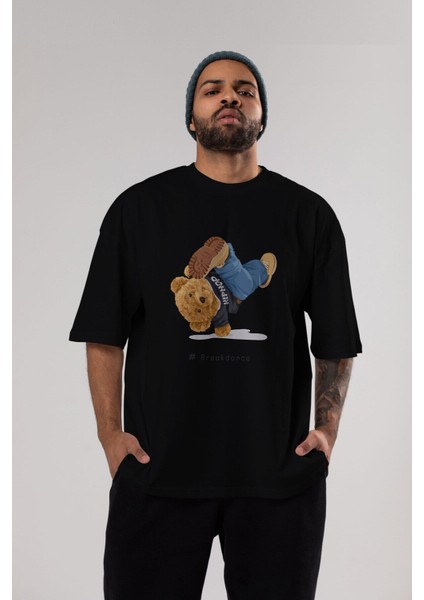 Teddy Bear Breakdance Ön Baskılı Siyah Oversize T-Shirt Erkek Kadın Bisiklet Yaka indirimleri