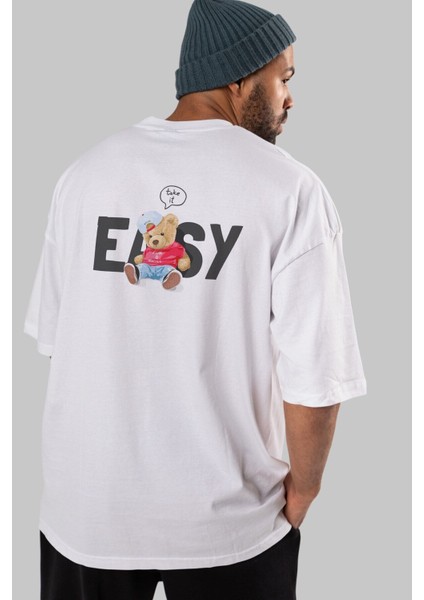 Teddy Bear Easy Arka Baskılı Beyaz Erkek Kadın Bisiklet Yaka Oversize T-Shirt