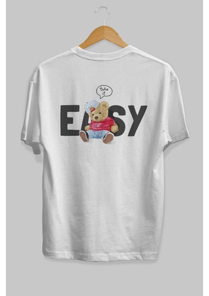 Teddy Bear Easy Arka Baskılı Beyaz Erkek Kadın Bisiklet Yaka Oversize T-Shirt fiyatları
