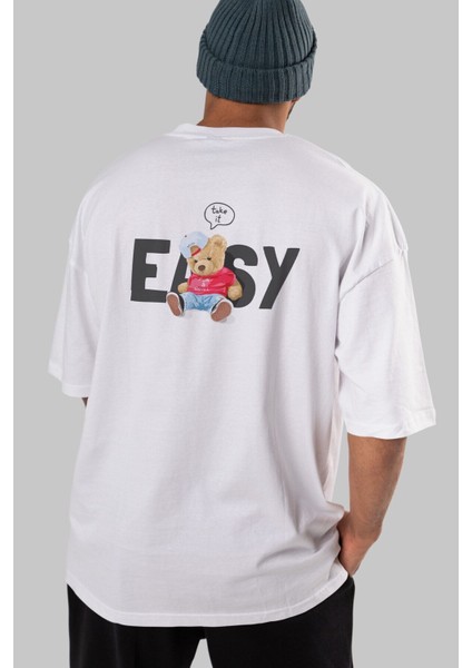 Teddy Bear Easy Arka Baskılı Beyaz Erkek Kadın Bisiklet Yaka Oversize T-Shirt modelleri