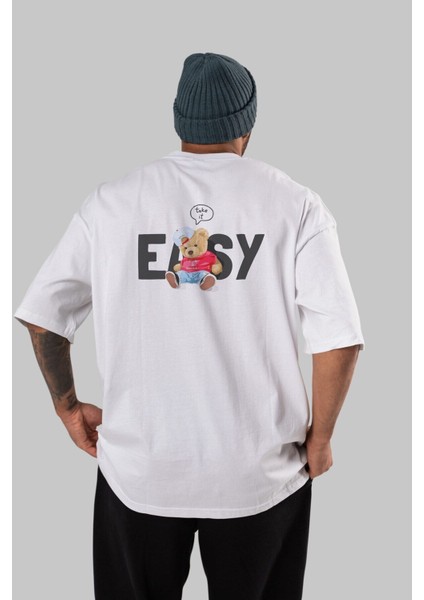 Teddy Bear Easy Arka Baskılı Beyaz Erkek Kadın Bisiklet Yaka Oversize T-Shirt fırsatları