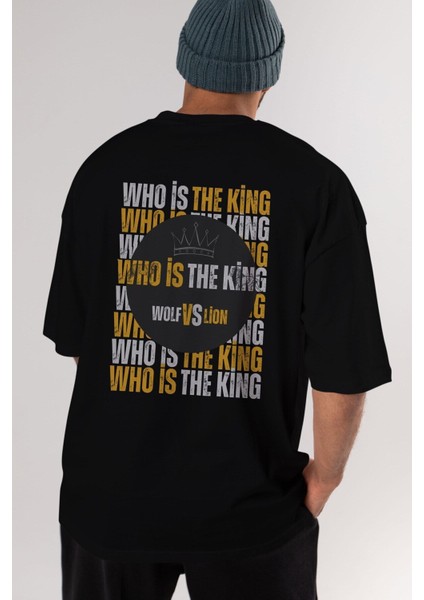 Who Is The King Yazılı Arka Baskılı Siyah Oversize T-Shirt Erkek Kadın Bisiklet Yaka fırsatları