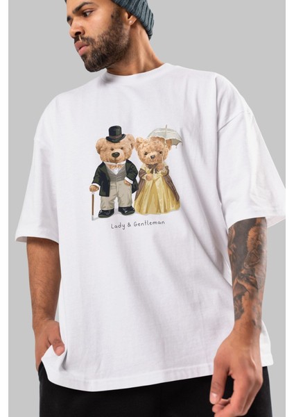 Teddy Bear Couple Ön Baskılı Beyaz Oversize T-Shirt Erkek Kadın Bisiklet Yaka