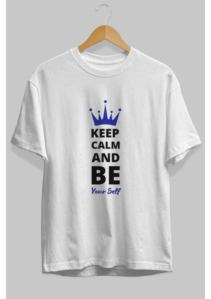 Keep Calm And Yourself Ön Baskılı Beyaz Oversize T-Shirt Erkek Kadın Bisiklet Yaka