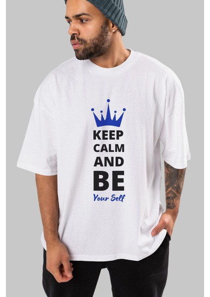 Keep Calm And Yourself Ön Baskılı Beyaz Oversize T-Shirt Erkek Kadın Bisiklet Yaka fiyatları