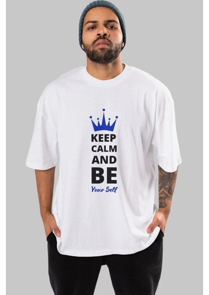 Keep Calm And Yourself Ön Baskılı Beyaz Oversize T-Shirt Erkek Kadın Bisiklet Yaka modelleri