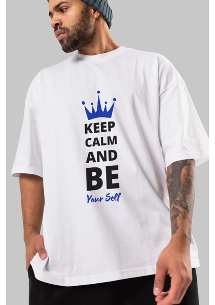 Keep Calm And Yourself Ön Baskılı Beyaz Oversize T-Shirt Erkek Kadın Bisiklet Yaka fırsatları