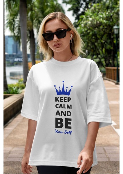 Keep Calm And Yourself Ön Baskılı Beyaz Oversize T-Shirt Erkek Kadın Bisiklet Yaka indirimleri