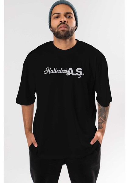 Hallederiz A.ş Ön Baskılı Siyah Oversize T-Shirt Erkek Kadın Bisiklet Yaka