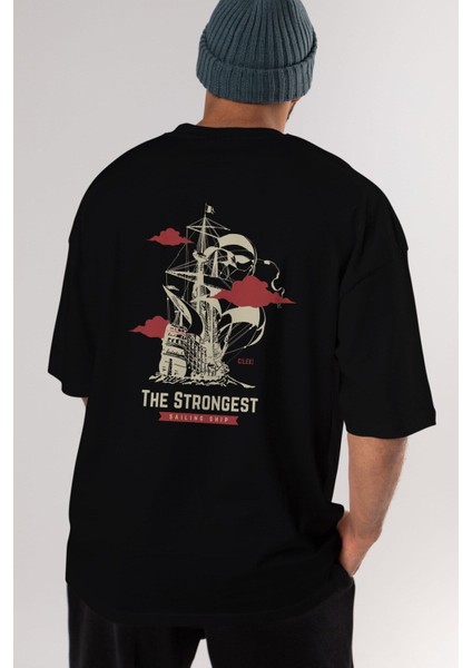 The Strongest Yazılı Arka Baskılı Siyah Oversize T-Shirt Erkek Kadın Bisiklet Yaka