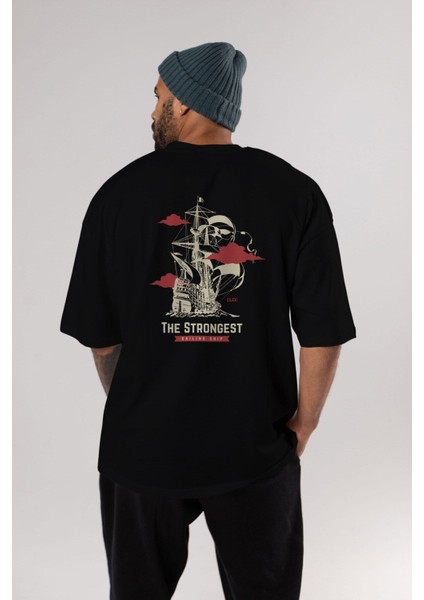 The Strongest Yazılı Arka Baskılı Siyah Oversize T-Shirt Erkek Kadın Bisiklet Yaka modelleri