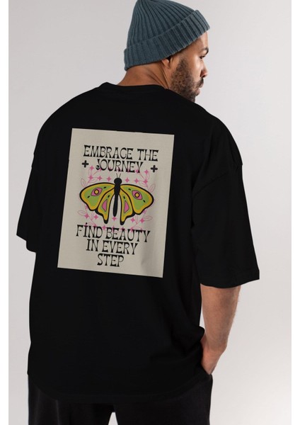 Embrace The Journey Arka Baskılı Siyah Oversize T-Shirt Erkek Kadın Bisiklet Yaka