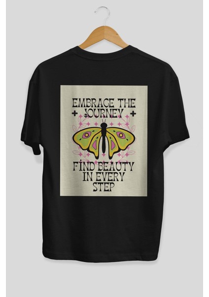 Embrace The Journey Arka Baskılı Siyah Oversize T-Shirt Erkek Kadın Bisiklet Yaka fiyatları