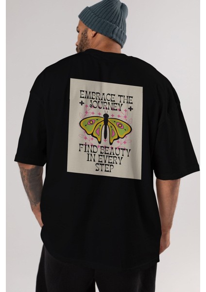Embrace The Journey Arka Baskılı Siyah Oversize T-Shirt Erkek Kadın Bisiklet Yaka modelleri
