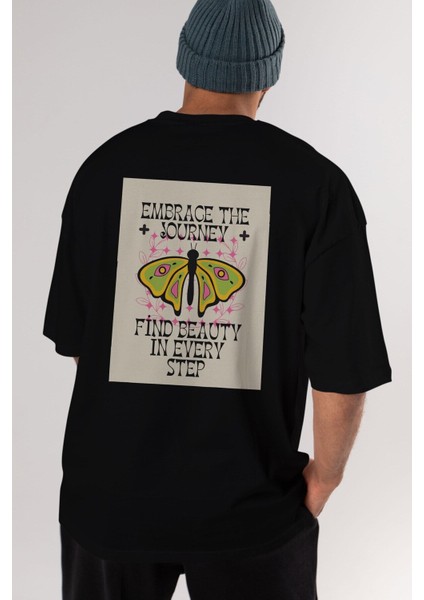 Embrace The Journey Arka Baskılı Siyah Oversize T-Shirt Erkek Kadın Bisiklet Yaka indirimleri