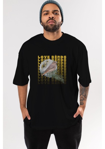 Love Birds Yazılı Ön Baskılı Siyah Oversize T-Shirt Erkek Kadın Bisiklet Yaka fiyatları