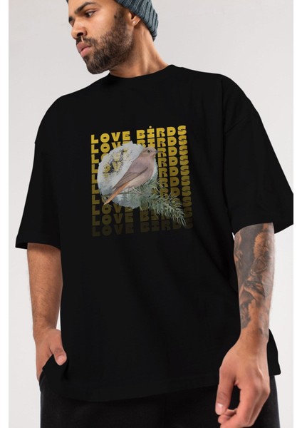 Love Birds Yazılı Ön Baskılı Siyah Oversize T-Shirt Erkek Kadın Bisiklet Yaka fırsatları