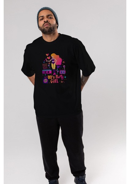 Retro Girl Party Ön Baskılı Siyah Oversize T-Shirt Erkek Kadın Bisiklet Yaka
