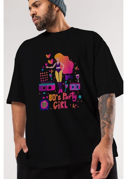 Retro Girl Party Ön Baskılı Siyah Oversize T-Shirt Erkek Kadın Bisiklet Yaka fiyatları
