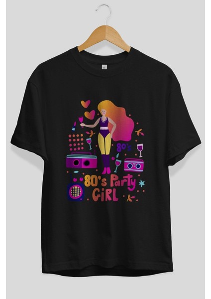 Retro Girl Party Ön Baskılı Siyah Oversize T-Shirt Erkek Kadın Bisiklet Yaka modelleri